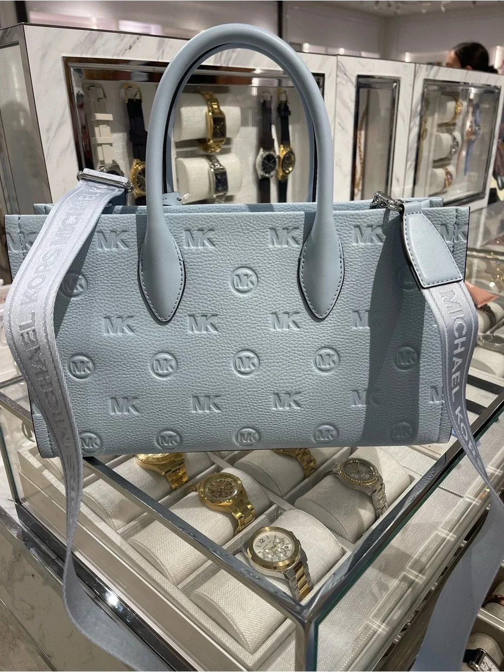 Michael Kors Mirella Md Logo Debossed EW Top Zip Satchel Shouldr Tote Pale Ocean